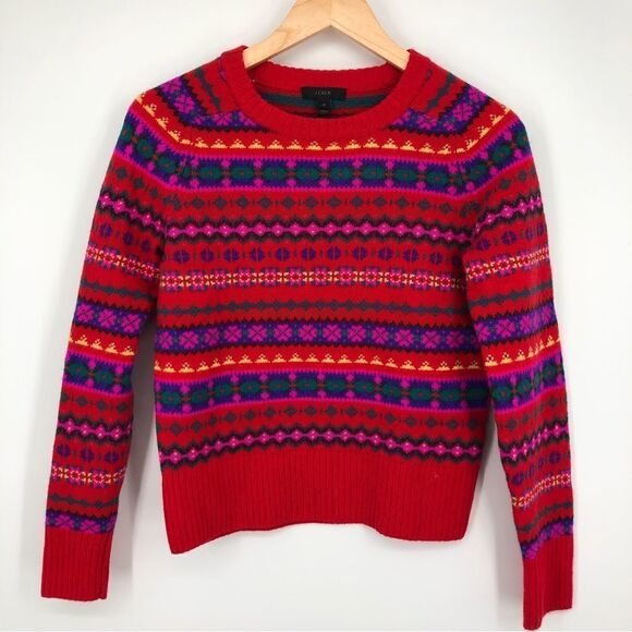 J. Crew Holly Fair Isle Wool Sweater Womens XS Red Crewneck - Picture 4 of 13